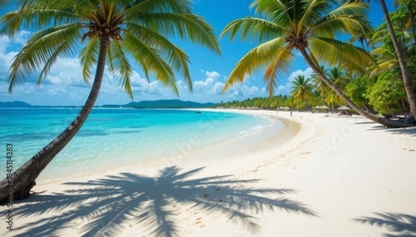 Fototapeta Beautiful tropical beach with palm trees, white sand, and turquoise water under clear sky