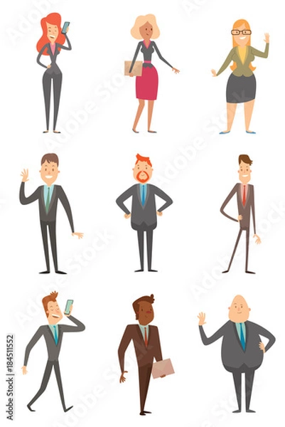 Fototapeta Vector cartoon image of a set of different business people in different clothes, with different attributes in their hands in different poses on a white background. Vector business illustration.