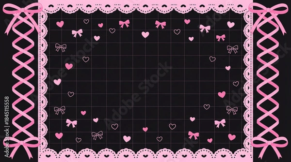 Obraz ピンク色のレースとリボンの可愛いフレームイラスト、黒の背景