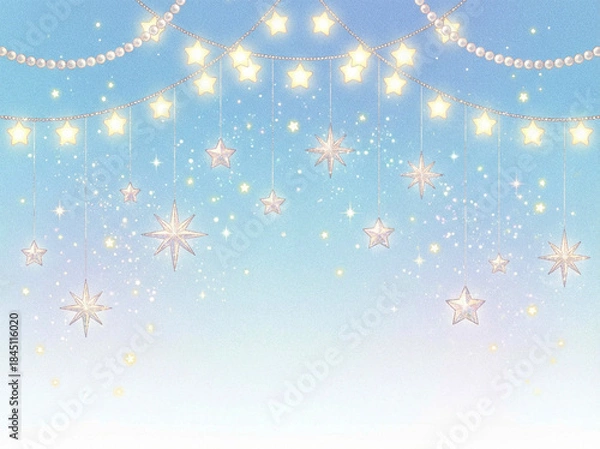 Obraz 幻想的でキラキラした星の装飾、パステルブルーのグラデーション背景