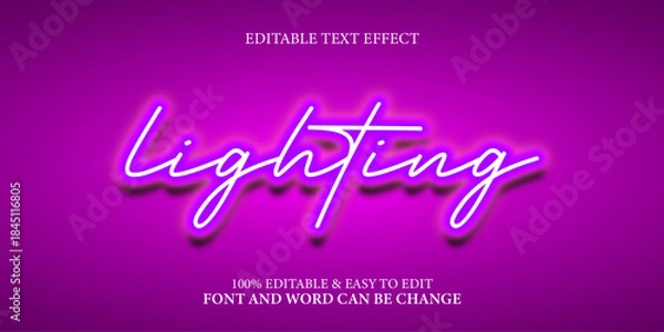 Obraz Neon Script 'Lighting' Text Effect, Editable Glowing Font Style on Bright Purple Background
