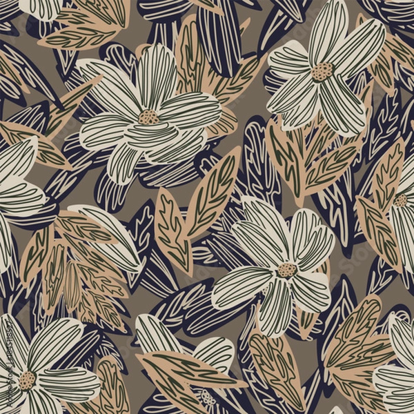Obraz Neutral Colour Abstract Line Floral Seamless Pattern Design