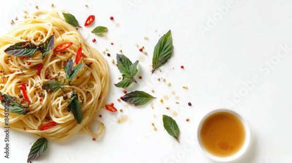 Obraz Pasta with Pesto Sauce and Basil Leaves on White Background