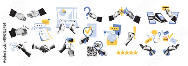 Obraz Halftone collage of business elements. Shaking hands, online credit card payments, multitasking, and management. Technology, startups, ideas, and teamwork concepts. Modern vintage vector illustration.