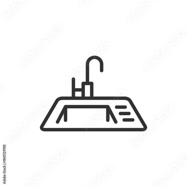 Fototapeta Kitchen sink with faucet, linear icon. Water supply and washing area. Line with editable stroke.