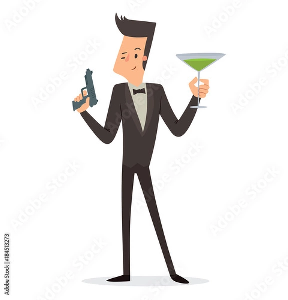 Fototapeta Vector cartoon image of a funny super agent with black hair in a black tuxedo, white shirt and black bow tie with a gun and green cocktail in hands standing on a white background. Vector illustration.