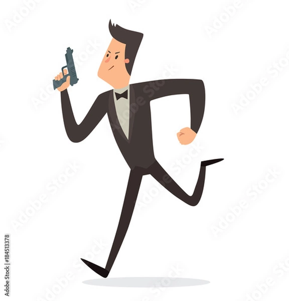 Fototapeta Vector cartoon image of a funny super agent with black hair in a black tuxedo, white shirt and black bow tie with a gray gun in his hand running on a white background. Vector illustration.