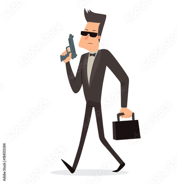 Fototapeta Vector cartoon image of a funny super agent with black hair in a black tuxedo, white shirt and black bow tie, in sunglasses with gun and briefcase in hands on a white background. Vector illustration.