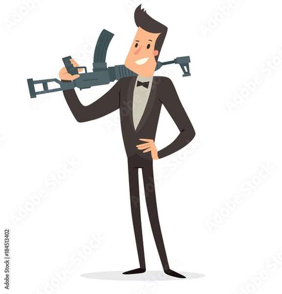 Fototapeta Vector cartoon image of a funny super agent with black hair in a black tuxedo, white shirt and black bow tie with a gray machine gun in his hand standing on a white background. Vector illustration.