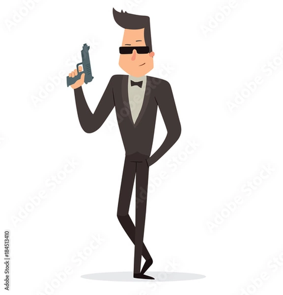 Fototapeta Vector cartoon image of a funny super agent with black hair in a black tuxedo, white shirt and black bow tie, in sunglasses with a gray gun in hand standing on a white background. Vector illustration.