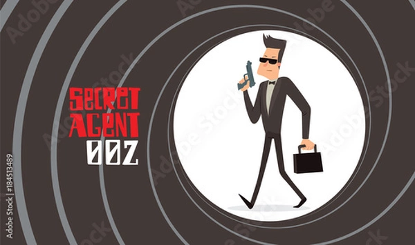 Fototapeta Vector image of a black background in the form of a gun barrel with a cartoon image of a secret agent in a black tuxedo walking with a gun and with a briefcase in the center. Spy. Vector illustration.