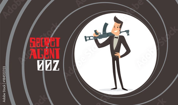 Fototapeta Vector image of a black background in the form of a gun barrel with a cartoon image of a secret agent in a black tuxedo standing with a machine gun in his hand in the center. Spy. Vector illustration.