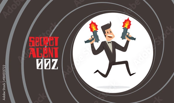 Fototapeta Vector image of a black background in the form of a gun barrel with a cartoon image of a secret agent in a black tuxedo with two submachine guns in his hands in the center. Spy. Vector illustration.