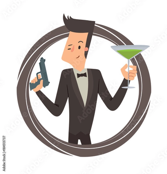 Fototapeta Vector image of a black round frame with cartoon image of a secret agent with black hair in a black tuxedo with gun and green cocktail in hands in the center on a white background. Vector illustration