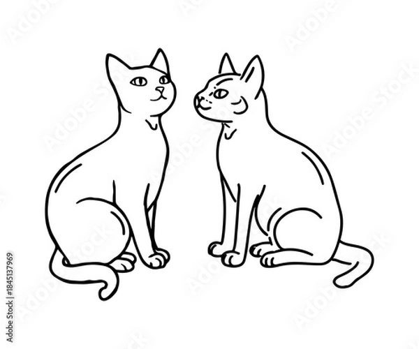Obraz Two Cats Line Art Silhouettes. Cute Cats Couple. Outline Pet Silhouette for Design. Black on White Vector Illustration	