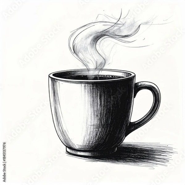 Obraz Black and White Sketch of Steaming Coffee Cup on Plain Background