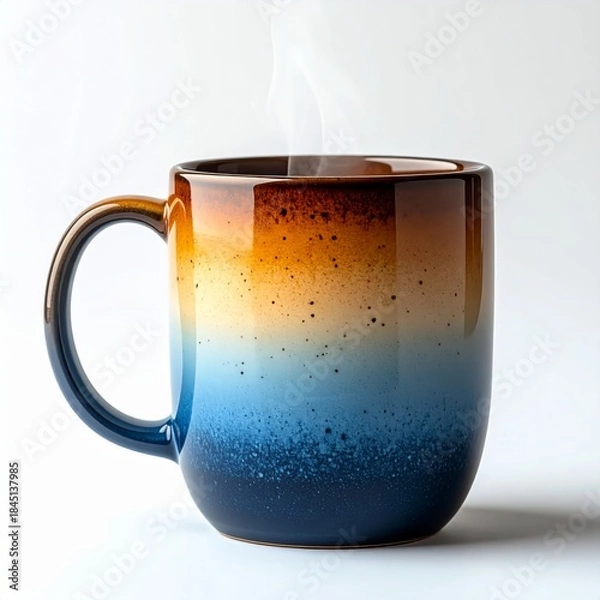 Obraz Ceramic Mug With Gradient of Brown White and Blue With Steam On White