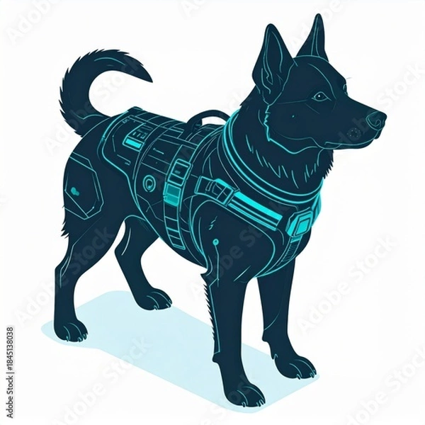 Obraz Isometric Dark Blue Dog Wearing a Harness on White Background