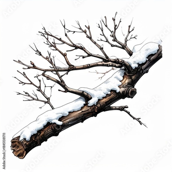 Obraz Snowy Winter Tree Branch Detailed Pixel Art on White Background