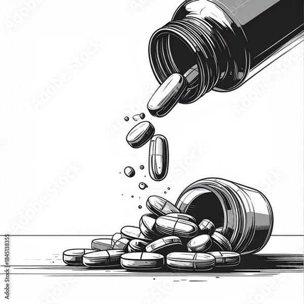 Obraz Capsules Spilling from a Pill Bottle Illustration with Simple Black Lines