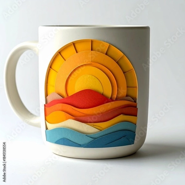 Obraz Sunrise Design on White Ceramic Mug Against White Background Display