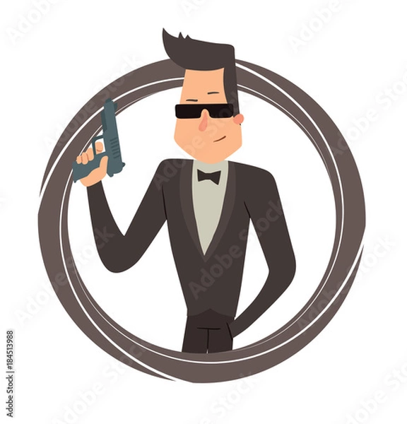 Fototapeta Vector image of a black round frame with cartoon image of a secret agent with black hair in a black tuxedo with a handgun in his hand in the center on a white background. Spy. Vector illustration.