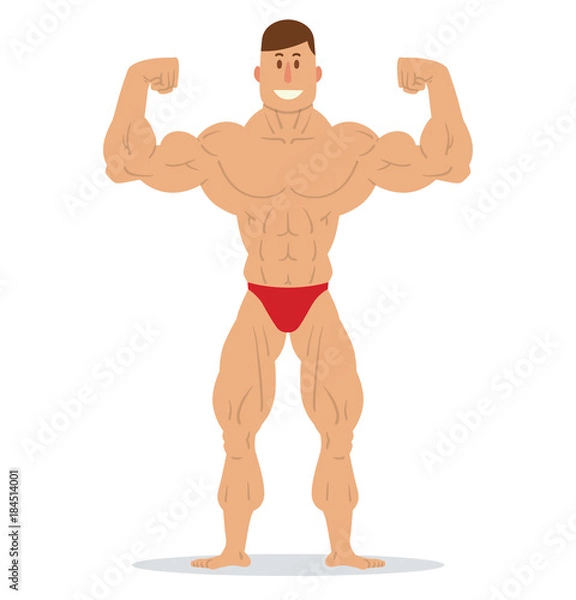 Fototapeta Vector cartoon image of a muscular man with brown hair in red swimming trunks standing in the pose of a bodybuilder and smiling on a white background. Sports, bodybuilding coach. Vector illustration.