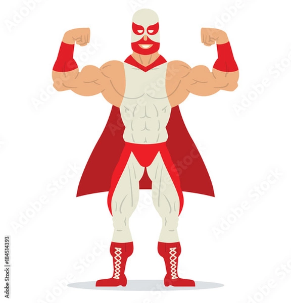 Fototapeta Wektorowy obraz kreskówki zapaśnika w czerwono -białej masce, czerwony i biały garnitur oraz czerwony płaszcz stojący w pozycji kulturystów i uśmiechającym się na białym tle. Zapasy. Płaski obraz. Ilustracja wektorowa.