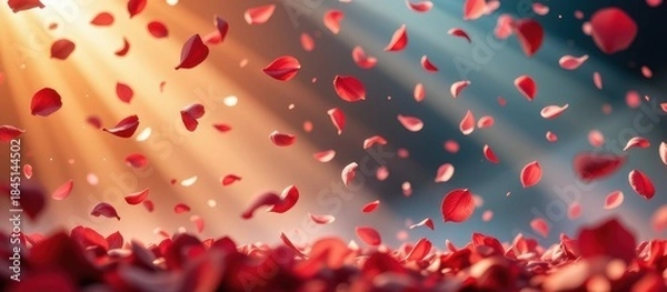 Fototapeta Scattered rose petals with light rays creating a dreamy atmosphere.
