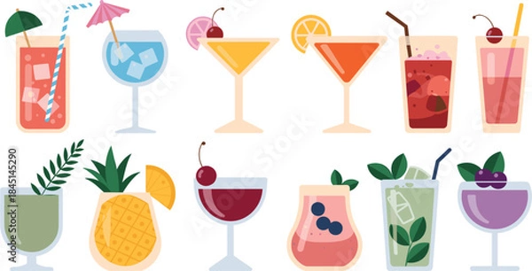 Fototapeta Assortment of Colorful Summer Cocktails and Drinks Flat Illustration Keywords: cocktail, drink