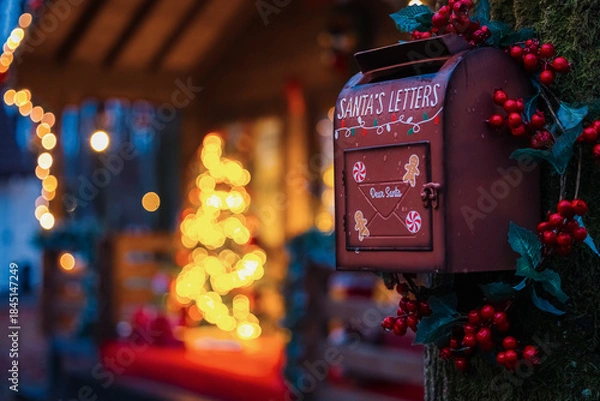 Fototapeta Santa letter box. Write to Santa. A festive mailbox labeled "Santa's Letters" decorated with berries and ivy, set against a blurry background of golden Christmas lights and a glowing tree.