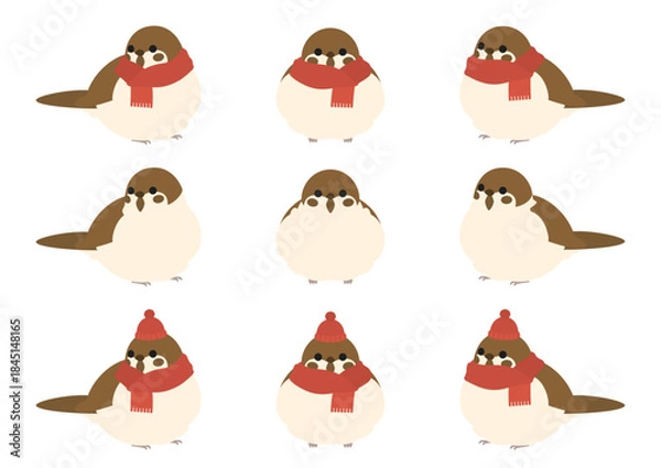 Obraz 冬の寒さに丸くふくらんだスズメのかわいいベクターイラストセット(マフラー・ニット帽)