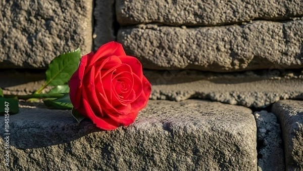 Obraz Red rose on stone wall