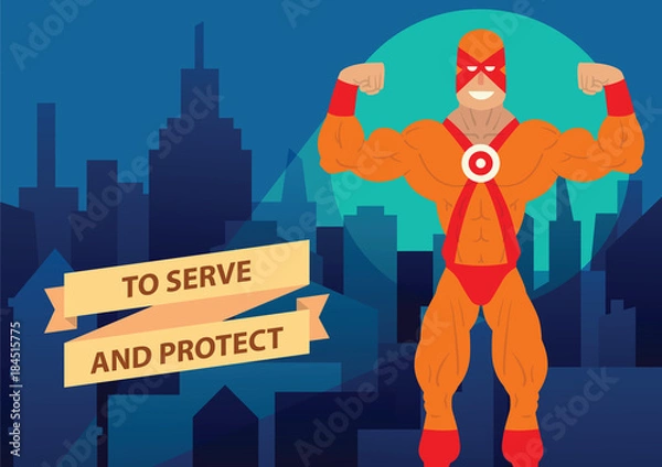Fototapeta Vector cartoon image of a man superhero. Superhero in red-orange mask and in an orange-red suit. Superhero standing on the background of night city. Banner. Vector illustration of a man superhero.