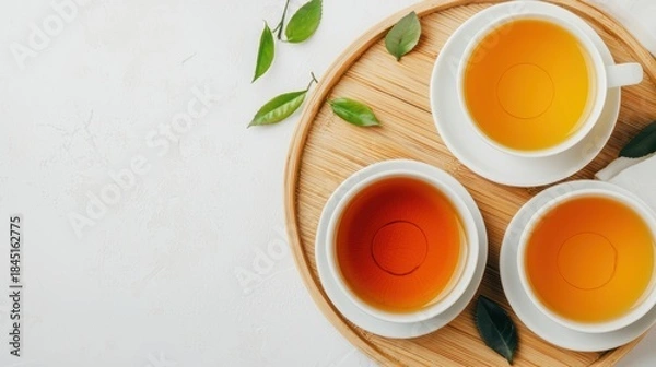 Obraz Assorted tea cups on a wooden tray.