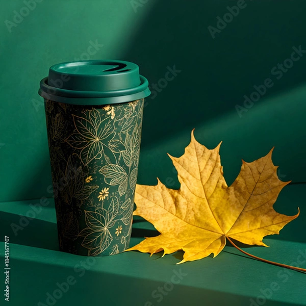 Obraz a coffee cup with a dark green elaborate botanic design