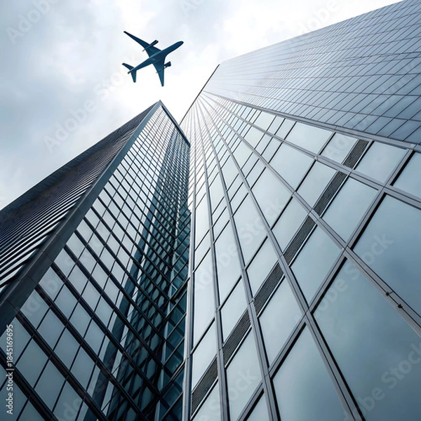 Obraz airplane reflecting on blue skyscraper
