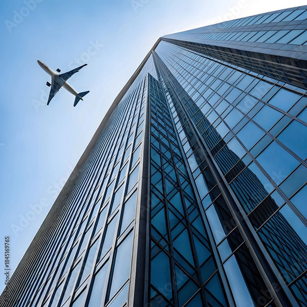 Obraz airplane reflecting on blue skyscraper