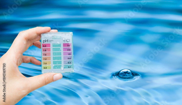 Obraz Water tester test kit in girl hand over blurred swimming pool water background, quality water testing test kit, pool maintenance and service business concept