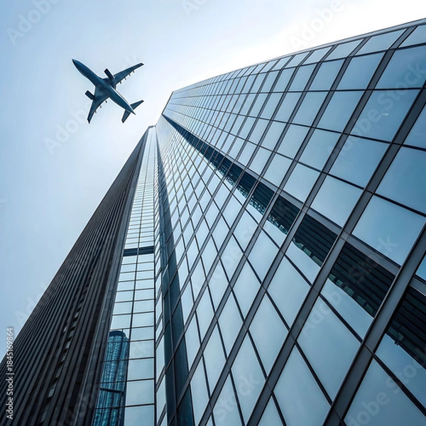 Obraz airplane reflecting on blue skyscraper