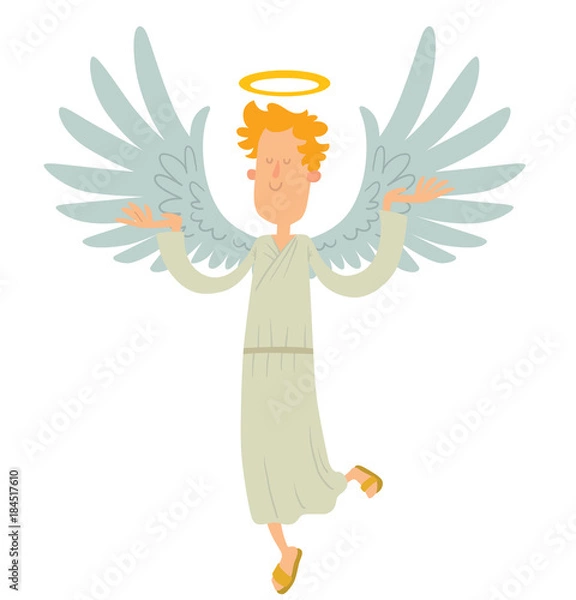 Fototapeta Vector cartoon image of a male angel. Male angel with blond curly hair in a white chasuble. Angel with big white wings and a golden halo over his head. Vector angel with eyes closed and hands raised.