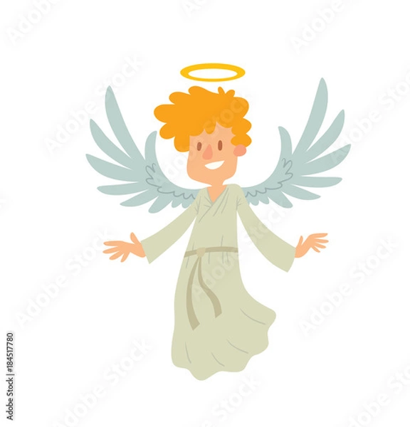 Fototapeta Grafika wektorowa kreskówka małego anioła męskiego. Aniołek męski o blond kręconych włosach w białym ornacie. Anioł z dużymi białymi skrzydłami i złotą aureolą nad głową. Anioł wektor się uśmiecha.