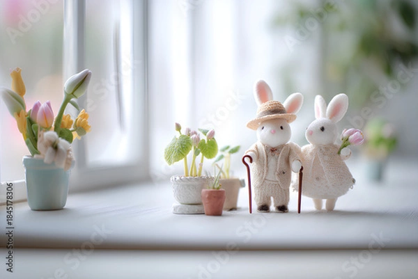 Obraz 車椅子に乗ったウサギのやさしいリハビリ風景／まみおデザイン福祉シリーズ
