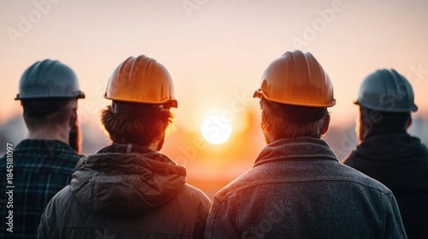 Fototapeta Construction workers watching the sunset, teamwork and collaboration concept