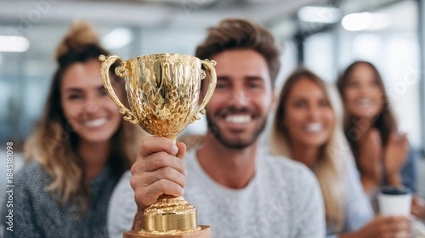Fototapeta Team celebrates success with a golden trophy in a modern office setting