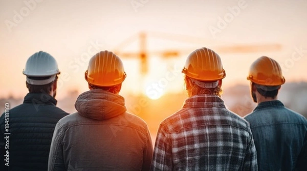 Fototapeta Construction workers looking at the sunset with a crane in the background