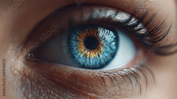 Fototapeta Close-up of a captivating human eye with striking blue and gold iris