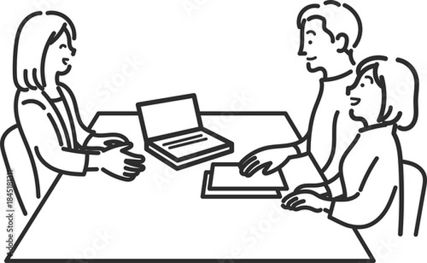 Fototapeta ライフプランについて相談する30代夫婦のイラスト　線画のみ