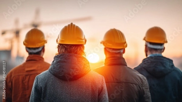 Fototapeta Construction workers looking at a sunset with a crane in the background