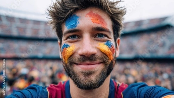 Fototapeta Enthusiastic fan with face paint smiles at a sporting event, close-up shot